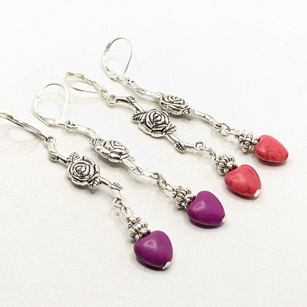 vintage earrings, rose, flower,howlith stone, pink, purple heart, silver, Valentines day, vividcolors