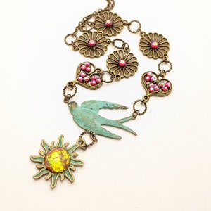 Necklace,Vintage, Bronze, Bird, Sun, Red, Green, Flower, Heart, Red, Verdigris, Romantic, Nostalgic, VividColors