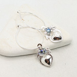 Hoop Earrings Heart Rhinestone Flower Vintage Bohemian Silver Something Blue Bride Wedding Valantines Day VividColors