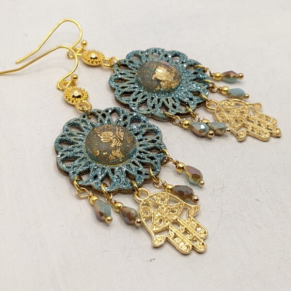 14K Solid Gold Hamsa Hand Stud Earrings | Lab-Created Blue Zircon | Nickel-Free