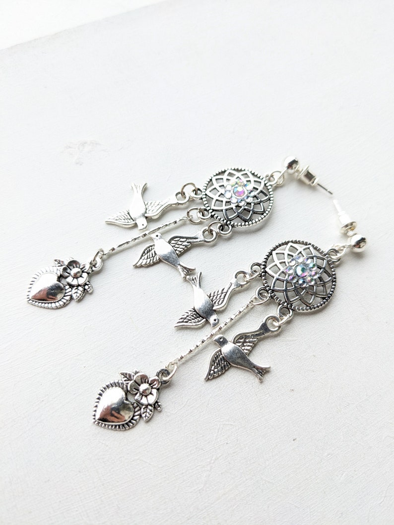 Chandelier Earrings,Dreamcatcher,Dove,Rhinestones Flower,Heart,Love Spell,Witch,Gifts for Her,Nature,VividColors image 3