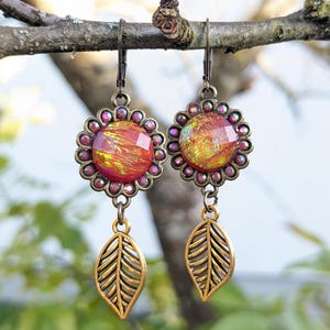 Earrings, Vintage, Red, Bronze, Gold, Leaf, Flower, Bohemian, Romantic, VividColors