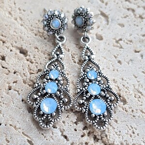 Earrings Bridal, Vintage, Silver, Something Blue Flower, Bohemian Statement, Wedding, Prom, Bride, Romantic, Bridesmaids, VividColors