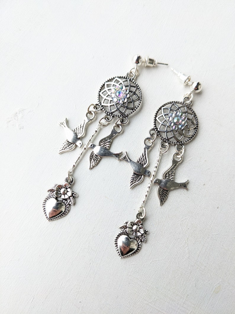 Chandelier Earrings,Dreamcatcher,Dove,Rhinestones Flower,Heart,Love Spell,Witch,Gifts for Her,Nature,VividColors image 6