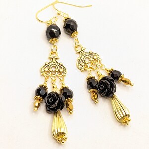 Earrings, Vintage, Long, Rhinestones, Statement, Black Rose, Bride, Wedding, Gold, Romantic, Bridesmaids, VividColors
