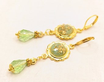 Earrings, Vintage, Gold, Green, Flower, Bohemian, Romantic, Valentines Day, Wedding, VividColors