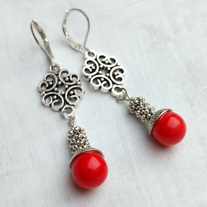 Earrings, Vintage, Flower, Red, Antique, Silver, Oktoberfest, Prom,  Romantic, Bridesmaids, VividColors