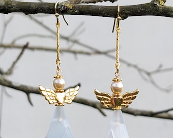 Sweet Guardian Angel Earrings – White & Gold, Romantic, Christmas Gift, stocking stuffers VividColors