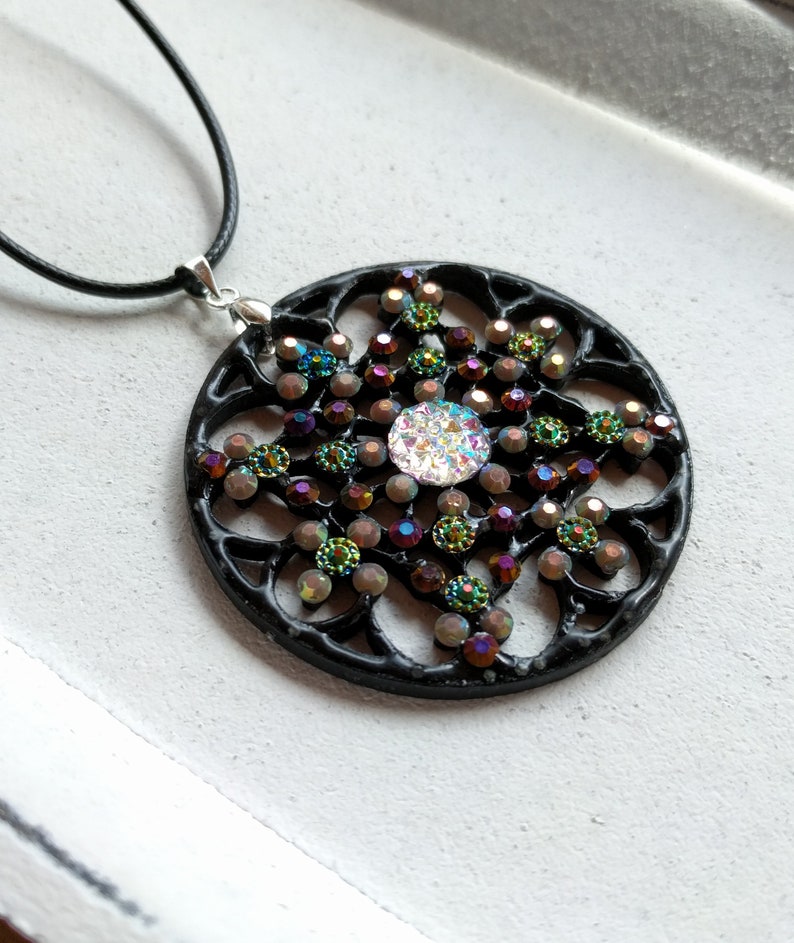 Mandala Pendant Necklace Black Bronze Flower Rhinestone VividColors Jewellery
