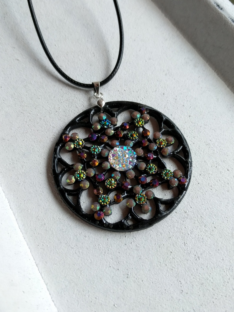 Mandala Pendant Necklace Black Bronze Flower Rhinestone VividColors Jewellery