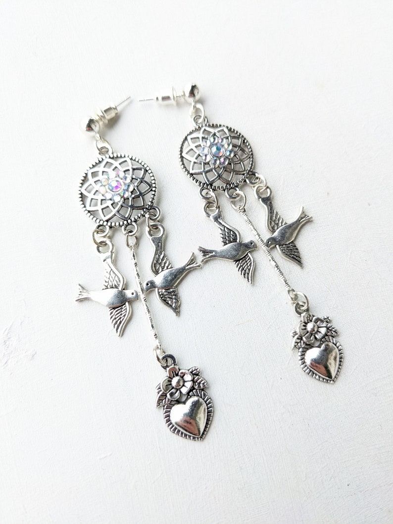 Chandelier Earrings,Dreamcatcher,Dove,Rhinestones Flower,Heart,Love Spell,Witch,Gifts for Her,Nature,VividColors image 4