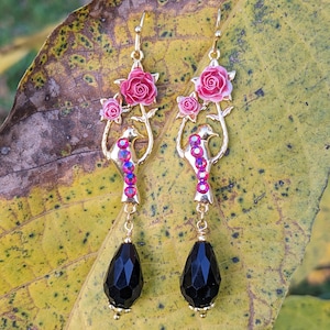Earrings, Vintage, gold, Rose, Bird, red Rose, black, Wedding, Bridal, Romantic, Flower, Flirty, VividColors