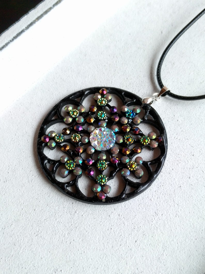 Mandala Pendant Necklace Black Bronze Flower Rhinestone VividColors Jewellery