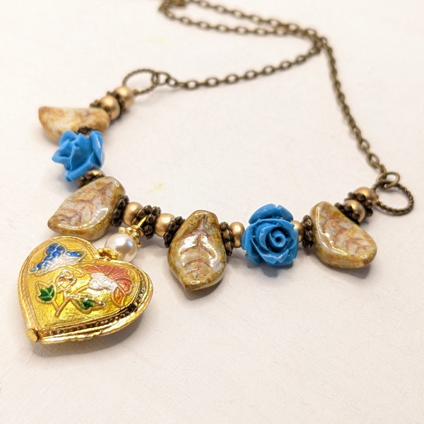Necklace Vintage Romantisch Pendant, Keepsake, Blue, Gold, Green, Bronze, Rose, Heart, Octoberfest, VividColors Jewellery, One of a kind