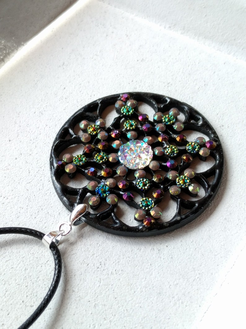 Mandala Pendant Necklace Black Bronze Flower Rhinestone VividColors Jewellery