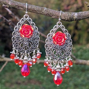 Earrings, Chandelier Vintage Bride Red Rose Flower Silver Wedding Fairy Romantic Bohemian VividColors