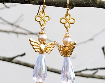 Sweet Guardian Angel Earrings – White & Gold, Romantic, Christmas Gift, stocking stuffers VividColors