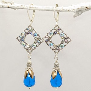 Earrings,Vintage,Bohemian, Silver, Blue, Antique, Valentines, Bride, Bridal, Wedding, Flower, Rhinestone, VividColors