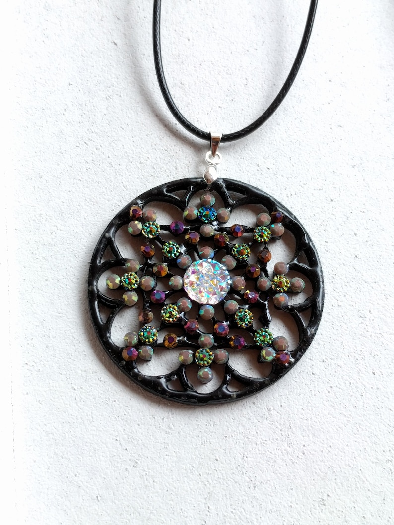 Mandala Pendant Necklace Black Bronze Flower Rhinestone VividColors Jewellery