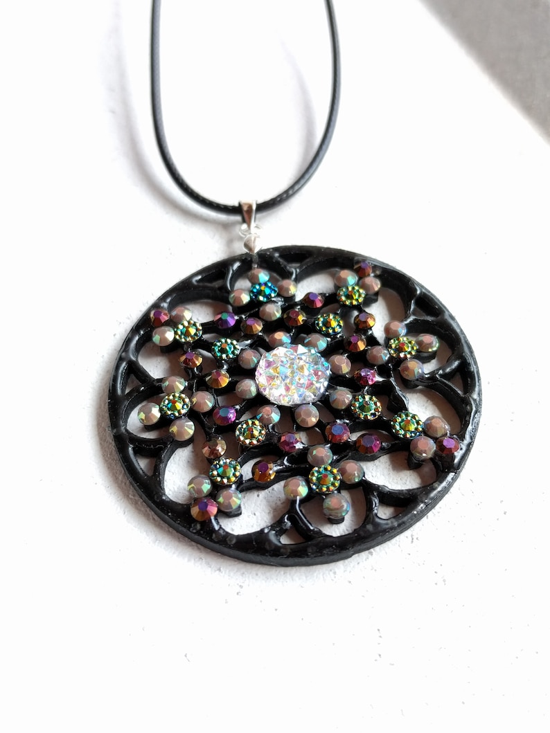 Mandala Pendant Necklace Black Bronze Flower Rhinestone VividColors Jewellery
