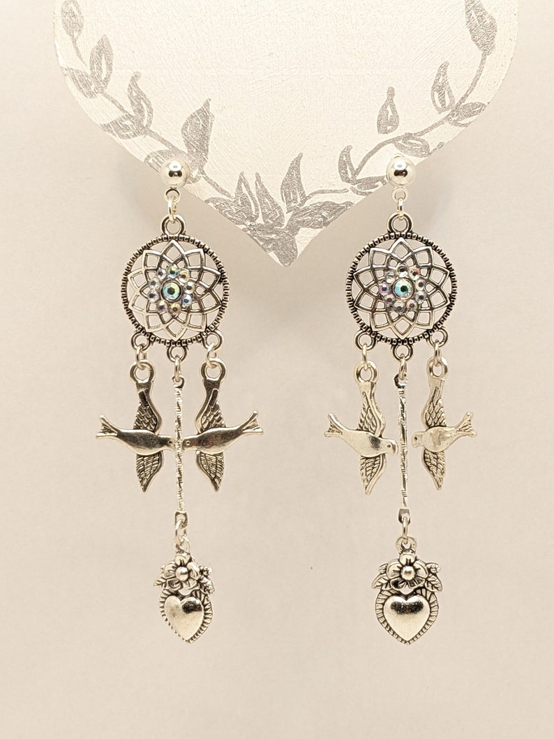 Chandelier Earrings,Dreamcatcher,Dove,Rhinestones Flower,Heart,Love Spell,Witch,Gifts for Her,Nature,VividColors image 2
