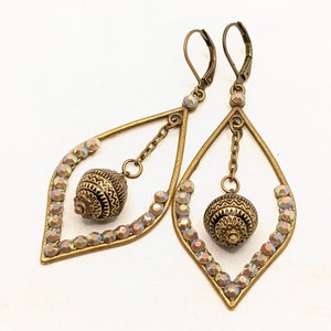 Earrings Vintage, Bohemian Bronze, Taupe, Black, Leaf, Teardrop, Boho Chic, Rhinestone, VividColors