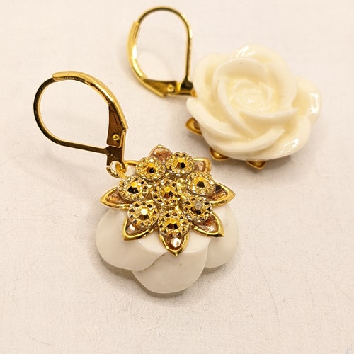 Earrings, Vintage Bohemian, Barock, Wedding, shops Gold, Rose, White, Romantic, Flower, VividColors
