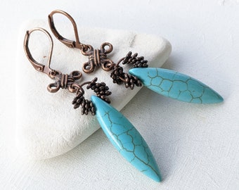 Bohemian Copper & Turquoise Stone Earrings, Vintage inspired, Boho look, Blue Brown, VividColors Jewelry