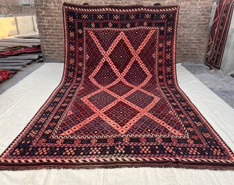 Tappeto Kilim afghano in lana, 252x427 cm, Kilim afghano geometrico rosso vintage, Tappeto Kilim rosso vintage, Tappeto Kilim turco a tessitura piatta, Tappeto Kilim Oushak