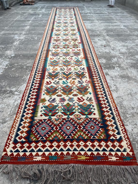 アフガンキリム　ランナー 4 x 26 フィート マルチカラー ハンドメイド アフガン ランナー ラグ
