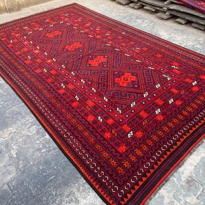 8x13’2 Red Blue Antique Kilim Rug, Afghan Terracotta Kilim, Moroccan Wool Kilim, Vintage Turkish Nomadic Area Rug, Oversize Living Room Rug