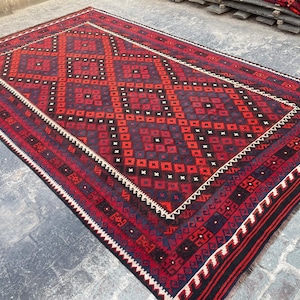 8x13’6 ft Vintage Red Geometric Afghan Kilim, Antique Red Kilim Rug, Moroccan Flatweave Rug, Terracotta Kilim Rug, Kilim Rug for Bedroom