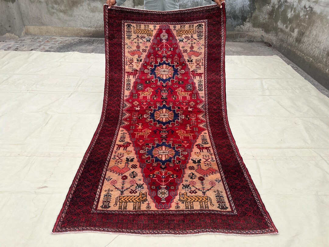Red Animal Rug Hand Knotted 4x8 Ft Vintage Animal Themed Rug, Red Geometric Afghan ...