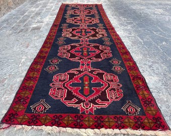 2’9x9’8 Vintage Hand knotted Red Wool Afghan Runner Rug, Vintage Oriental Runner Rug, Vintage Wool Entryway Rug, Red Blue Turkish Runner Rug