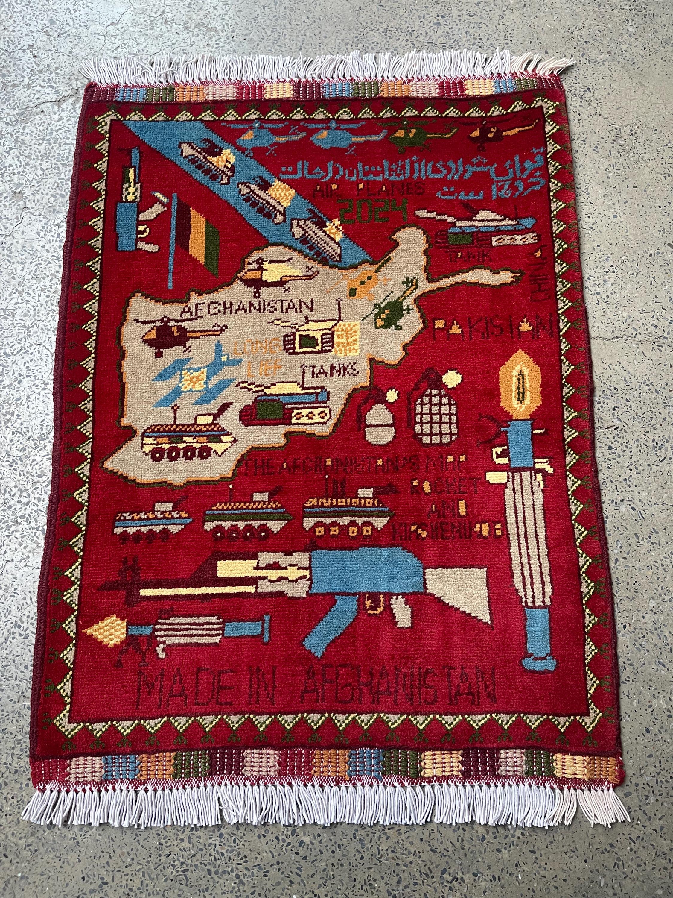 2x2'5 Ft Hand Knotted Red Afghan War Rug, Afghanistan Map Rug Red