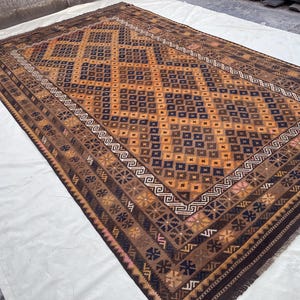 8&#39;9x14&#39;6 Oversize Vintage Rustic Rug, Bohemian Faded Brown Rug, Antique Oriental Kilim Rug Bedroom, Afghan Tribal Kilim, Boho Interior Decor