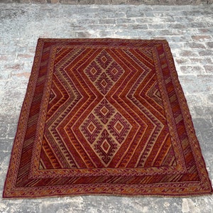 5x6 ft Beautiful Red Mashwani Kilim Rug, Reversible Afghan wool rug, Rug for bedroom, Vintage flatweave rug, Geometric Area Rug 160x190 cm