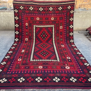 8x13 ft Red Blue Antique Kilim Rug, Afghan Terracotta Kilim, Moroccan Wool Kilim, Vintage Turkish Nomadic Area Rug, Oversize Living Room Rug