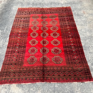 7’2x9’8 Mid Century Oriental Afghan Rug, Distressed Red Vintage Baluchi Rug, Fine Hand Knotted Wool Rug, Turkish Style Red Anti Slip Rug
