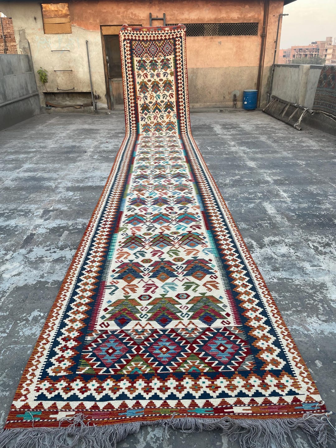 アフガンキリム　ランナー 4 x 26 フィート マルチカラー ハンドメイド アフガン ランナー ラグ