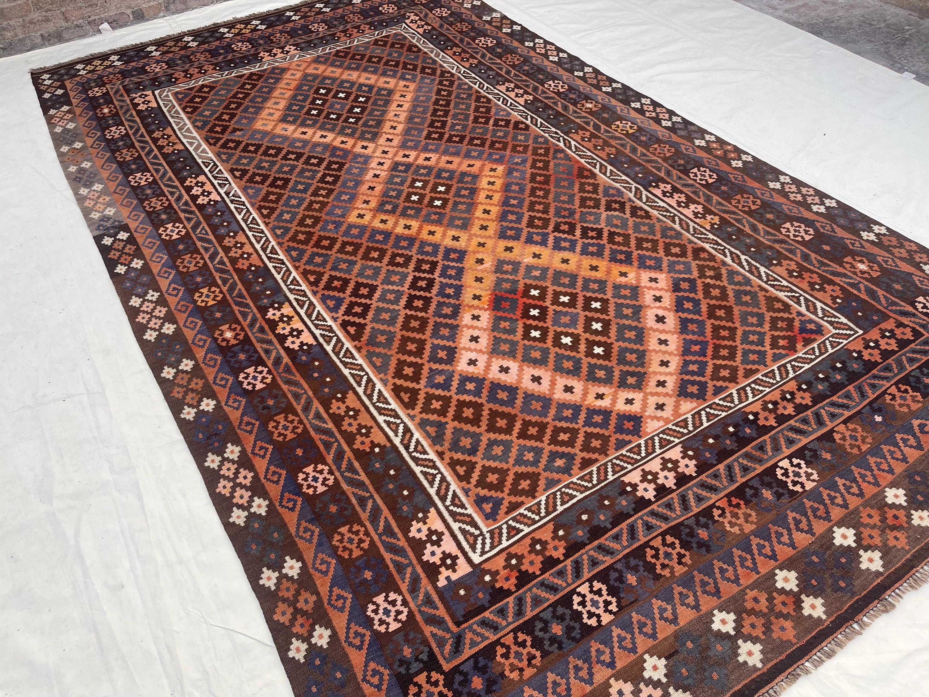 ヴィンテージアフガンキリムラグ：ハンドメイドウール、テラコッタ