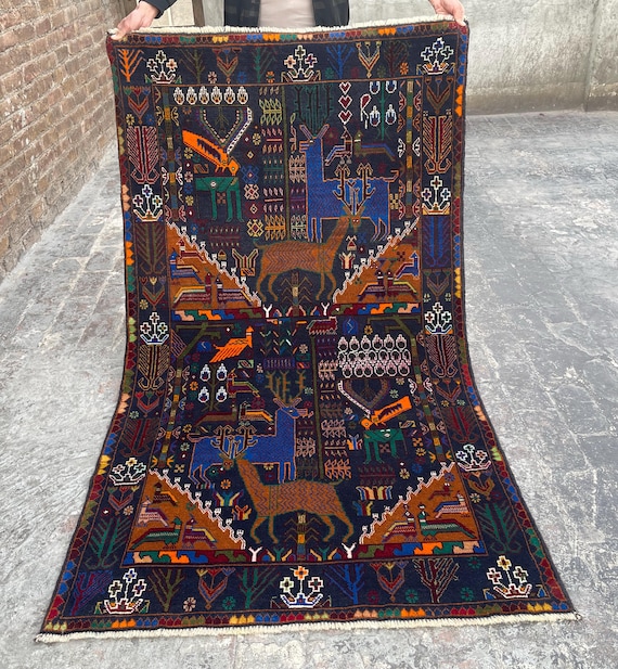 【今日だけ¥50000!】90s トライバルラグ ヴィンテージラグ　アフガンラグ レア】アフガンラグ ヴィンテージラグ トライバルラグ ピクトリアル