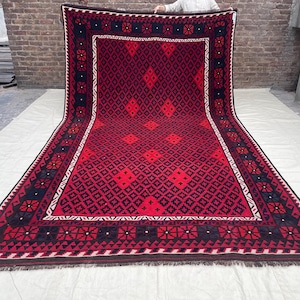 8’1x14 ft Oversize Red Blue Kilim Rug, Handmade Afghan Kilim Rug, Boho Ruby Red Kilim, Tribal Kilim for Bedroom, Red Diamond Pattern Kilim