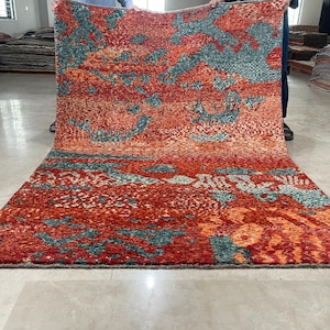 6x8 Hand knotted Abstract Afghan Wool Living Room Rug, Orange Red Handmade Rug, Medium size Handmade Wool Bedroom Rug, Modern Abstract Rug