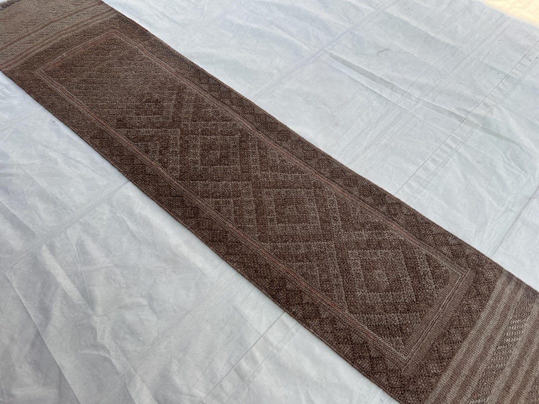 Long 8 Ft Hand Knotted Afghan Runner, Brown Wool Runner for Hallway or ...