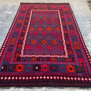 7’1x10’9 ft, Handmade Afghan Wool Kilim, Red Blue Geometric Kilim, Antique Terracotta Turkish Kilim, Boho Home Decor, Ethical Veg Dye Kilim,