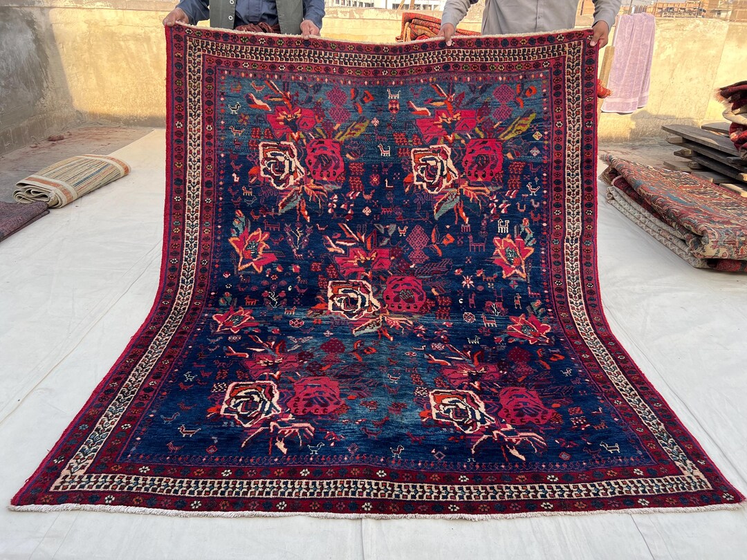 6x7 Ft Hand Knotted Deep Blue Vintage Wool Rug, Afghan Red Floral Area ...