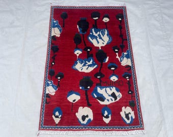 3’3x5.0 ft, Ruby Red Afghan Pictorial Rug, Small Wool Rug, Hand Knotted Opium Floral Rug, Poppy Design Rug, Red Boho Rug, Wall Hanging Rug