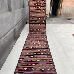 3x14 Afghan Wool Kilim Runner Rug - Vintage Pink Geometric Runner Kilim for Hallways - Afghan Tribal Kilim Runner - Flatweave Runner Rug