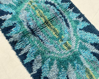 2'5x4'4 Handmade Blue Beni Ourain Style Shaggy Wool Rug - Handmade Boho Rug for Bedroom and Kids Room - Floral Style Blue Green Hallway Rug